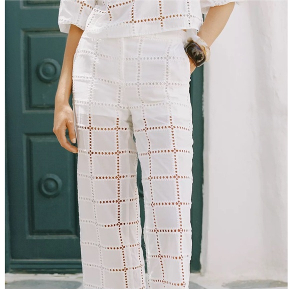 Zara Pants - NWT Zara White High Waist Straight Leg Eyelet Pants In Organic Cotton. Size S
